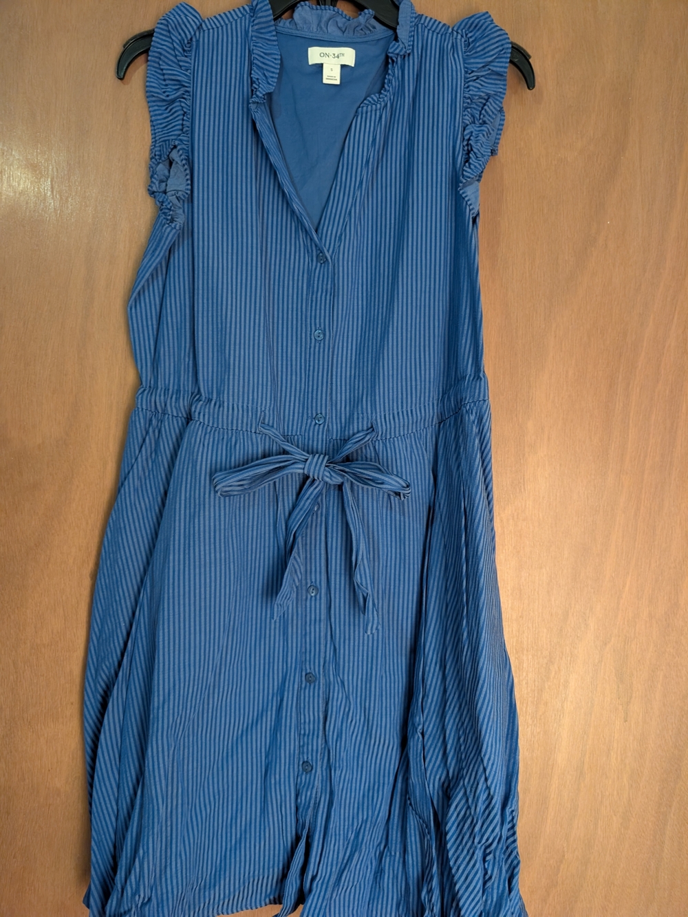 On 34th Navy Striped Tie-Waist Midi Dress with Ruffle Sleeves